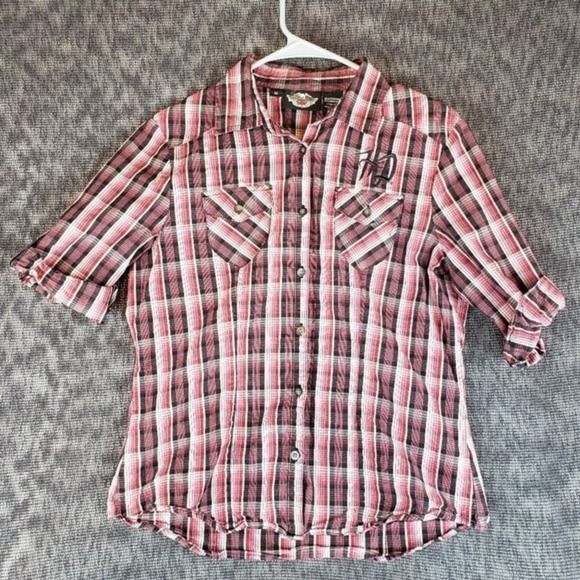 Harley-Davidson Tops - Harley Davidson Womans Plaid Embroidered Short-sleeve Blouse